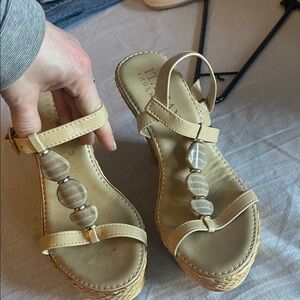 Italian Shoemakers Beige Wedge Sandals with Wooden Bead Detail